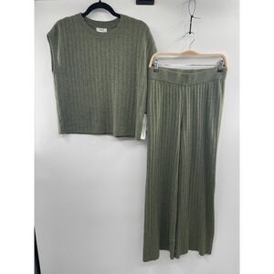 NWT WILT Ribbed Knit Top & Wide Leg Pants Set Women Medium Olive Green Sleepwear